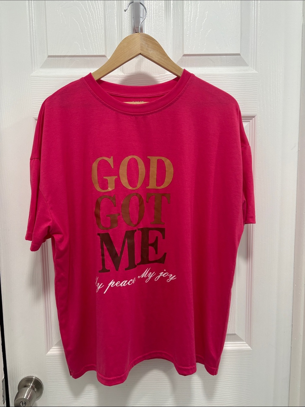 SHEIN Hot Pink Short Sleeve Graphic Tee with Gold Lettering and White Script